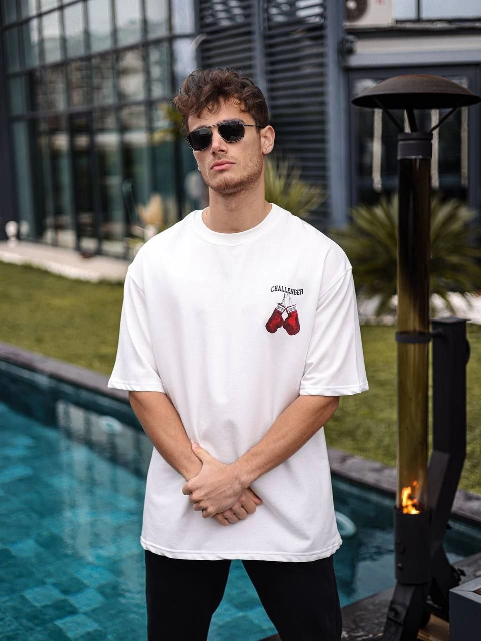 Erkek Bisiklet Yaka Baskılı Oversize T-Shirt - Beyaz