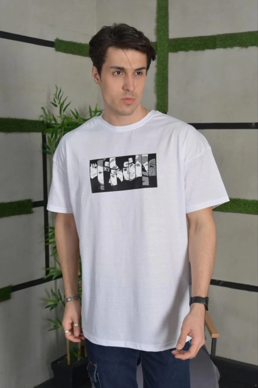 ERKEK Bisiklet Yaka Baskılı Kısa kol  Oversize T-Shirt - Beyaz