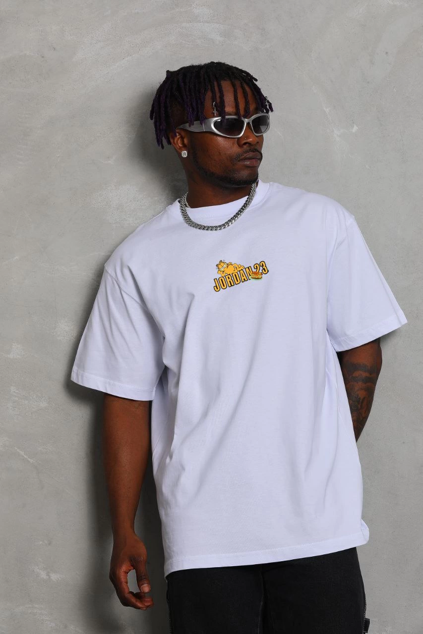 Erkek Bisiklet Yaka Baskılı Oversize T-Shirt - Beyaz