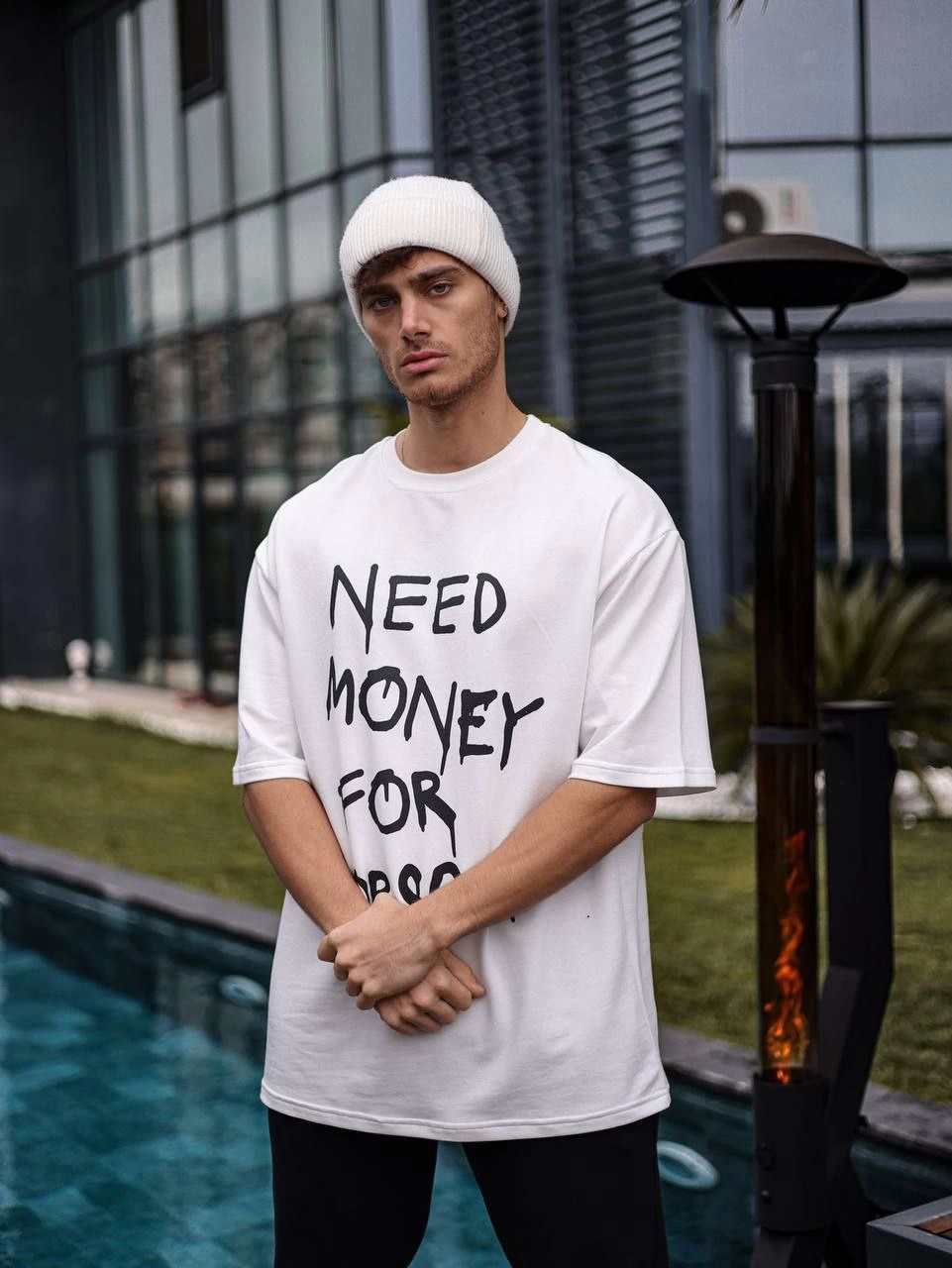 ERKEK Bisiklet Yaka Baskılı Kısa kol Oversize T-Shirt - Beyaz