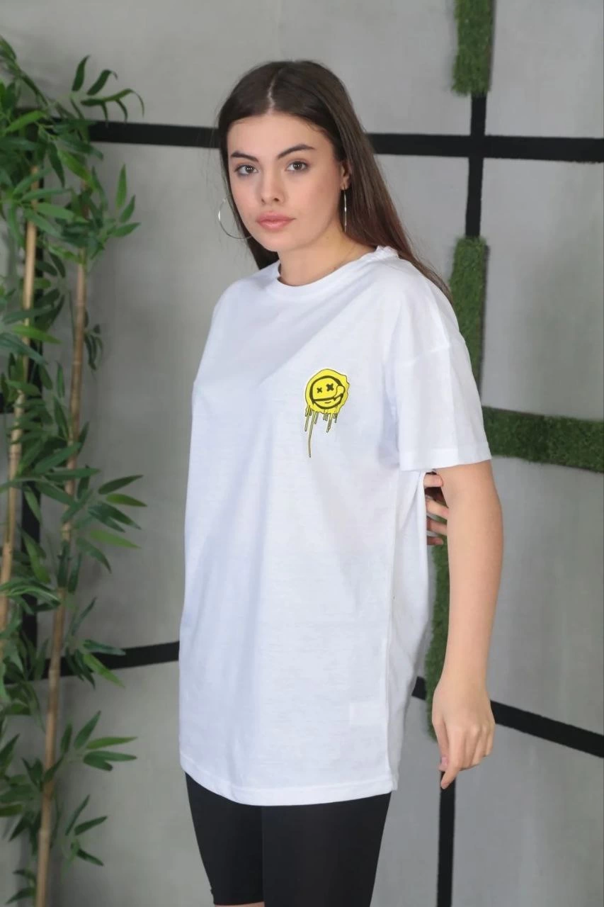 Kadın Bisiklet Yaka Baskılı  Kısa kol Oversize T-Shirt - Beyaz