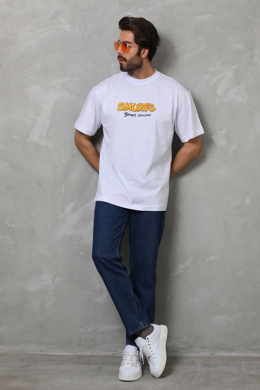 Erkek  Bisiklet Yaka Baskılı Oversize T-Shirt - Beyaz