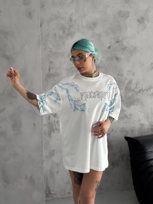 Kadın Bisiklet Yaka Baskılı Oversize  Kısa kol  T-Shirt - Beyaz