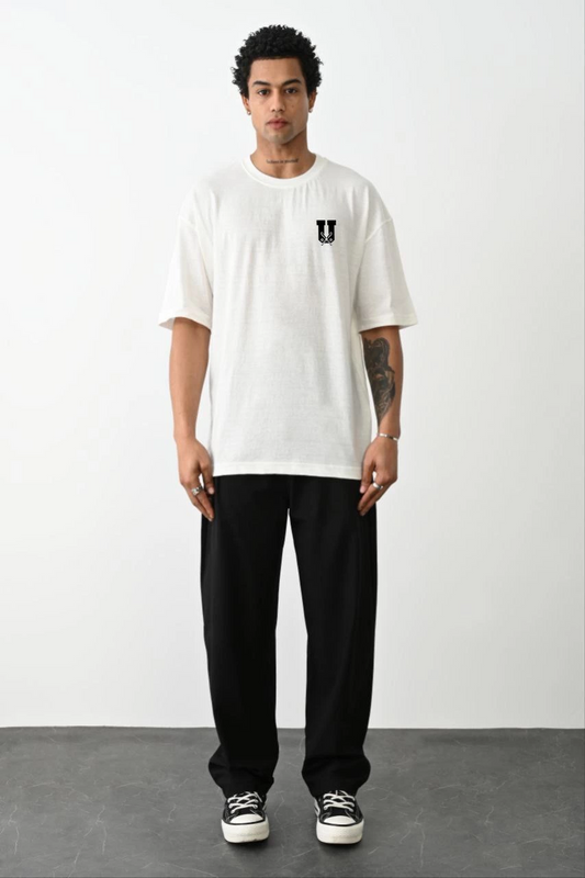Erkek  Bisiklet Yaka Baskılı Oversize T-Shirt - Beyaz