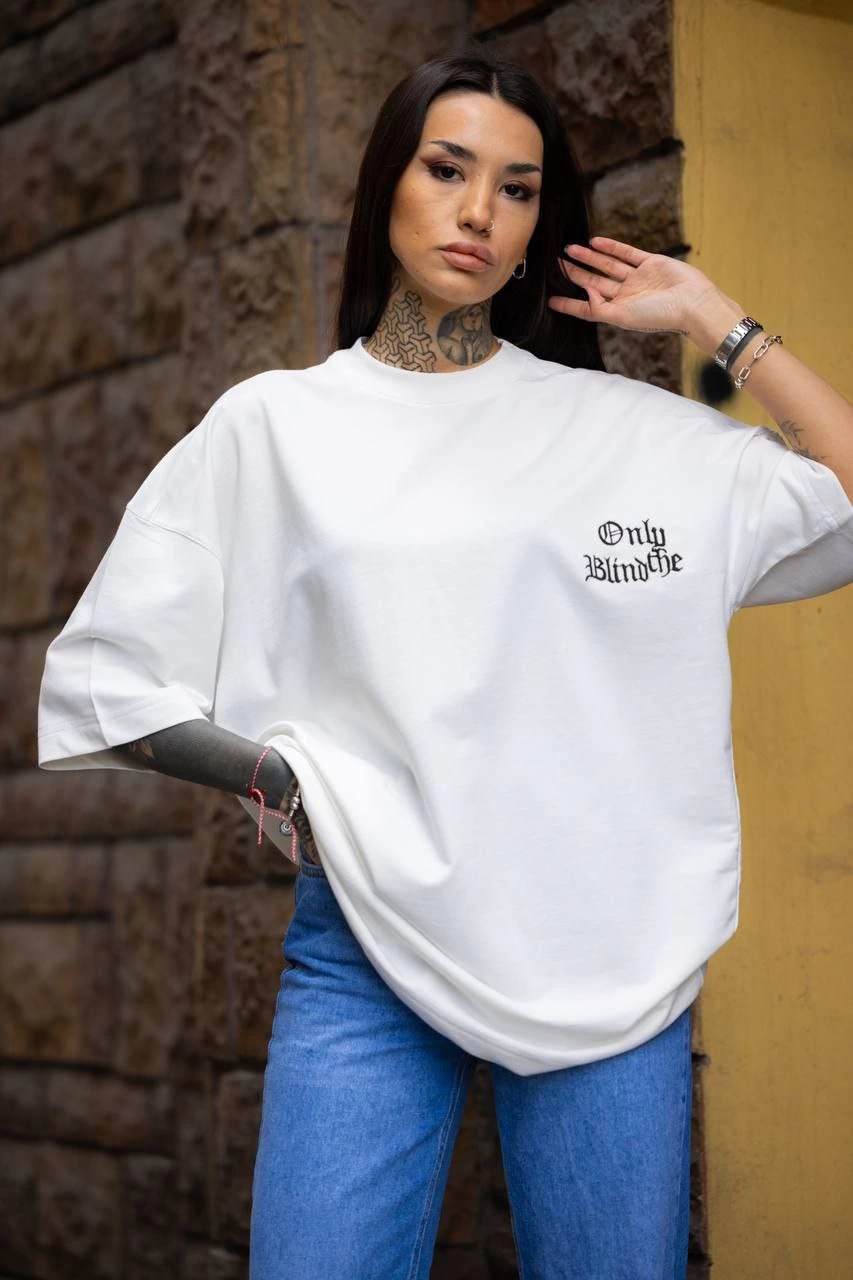 kadın Bisiklet Yaka Baskılı  Kısa kol Oversize T-Shirt - Beyaz