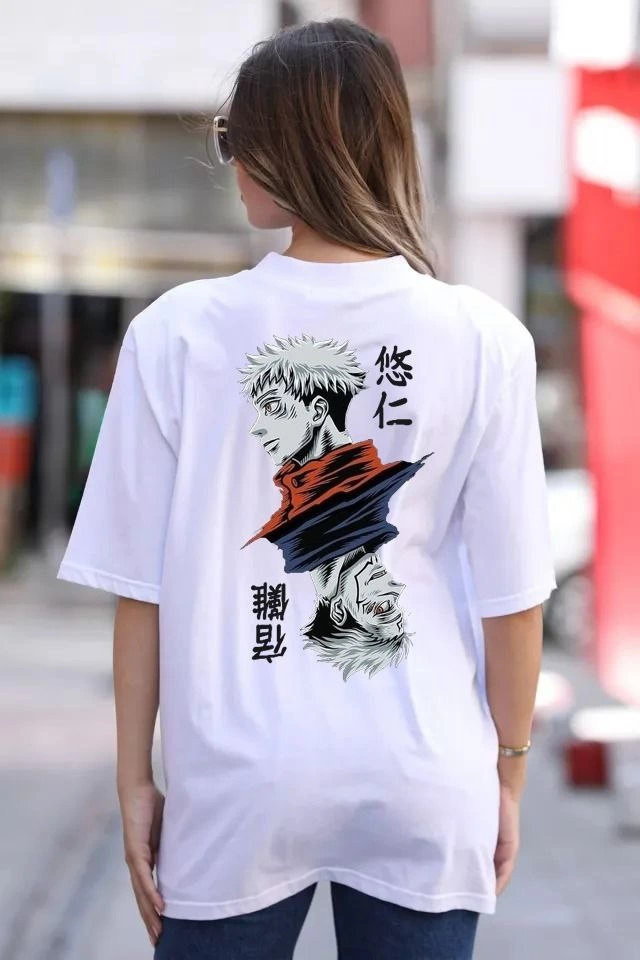 Kadın Baskılı T-Shirt Kısa Kol Bisiklet Yaka  Ovarsize Rahat Kalıp Günlük Tişört  - Beyaz