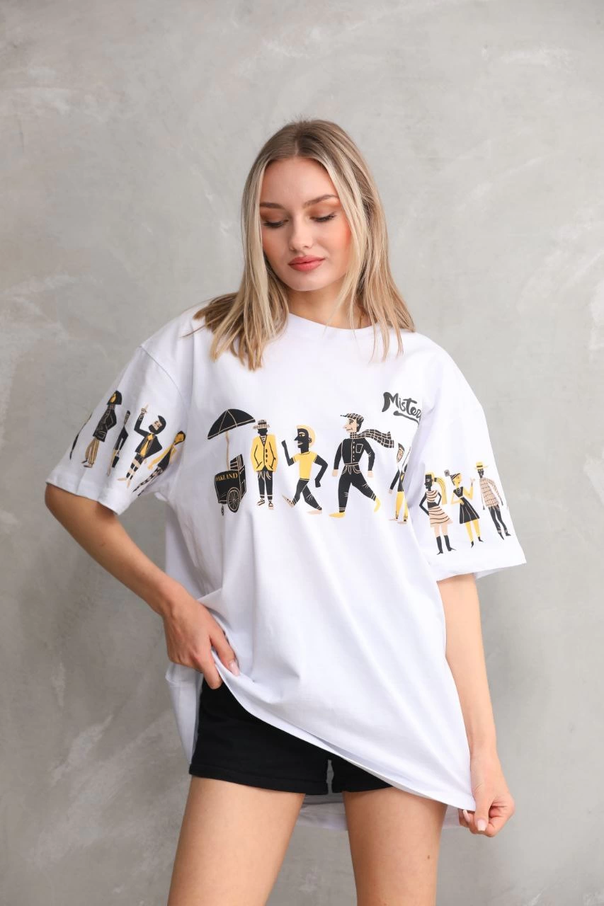 kadın  Bisiklet Yaka Baskılı Oversize T-Shirt - Beyaz