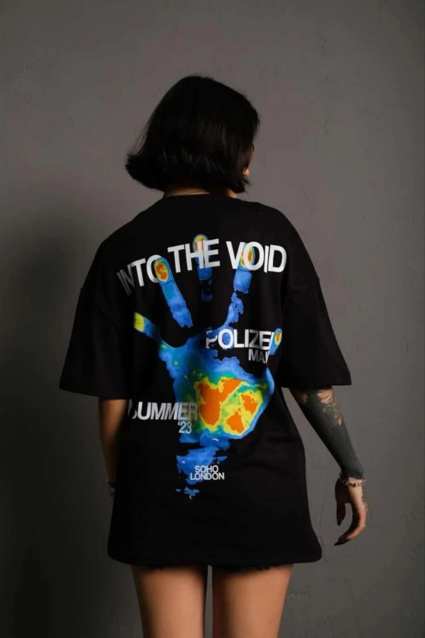 kadın Bisiklet Yaka Baskılı Oversize Kısa kol  T-Shirt - Siyah