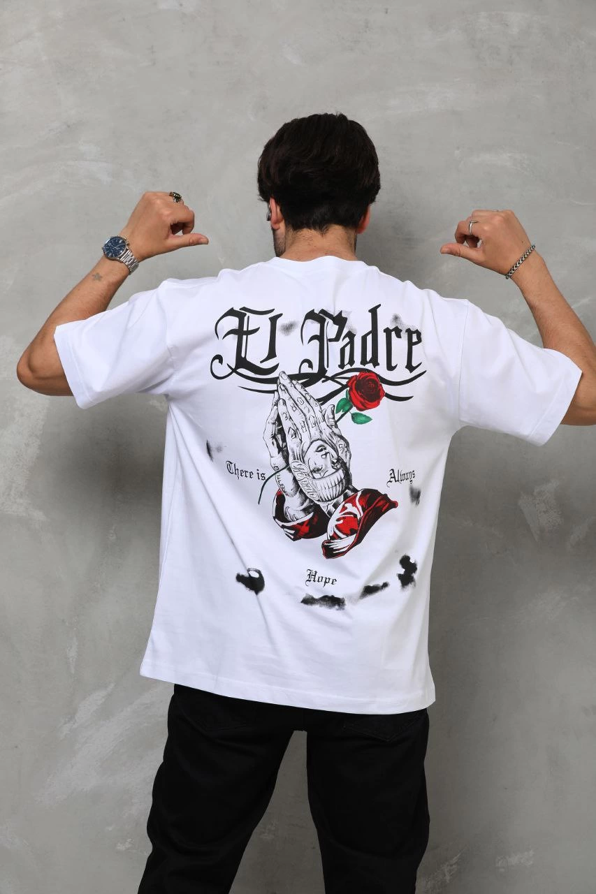 Erkek Bisiklet Yaka Baskılı Oversize T-Shirt - Beyaz