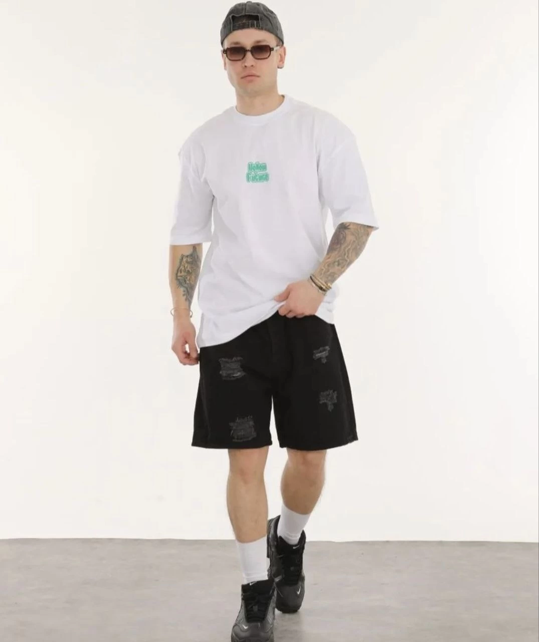 ERKEK Bisiklet Yaka Baskılı Oversize T-Shirt - Beyaz