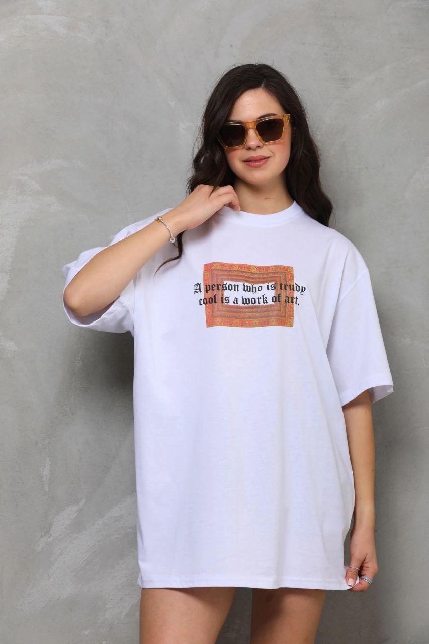 Kadın Baskılı T-Shirt Kısa Kol Bisiklet Yaka Ovarsize Rahat Kalıp Tişört -  Beyaz