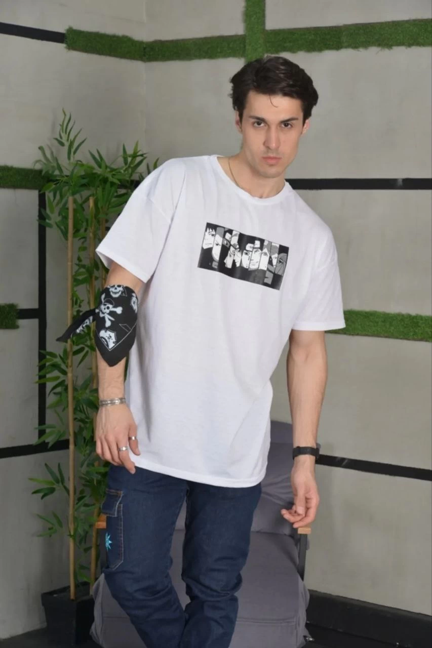 ERKEK Bisiklet Yaka Baskılı Kısa kol  Oversize T-Shirt - Beyaz
