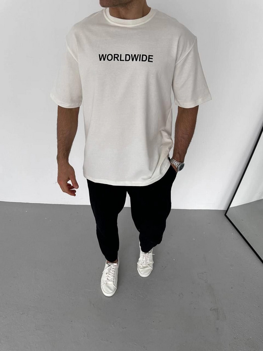 Erkek Baskılı T-Shirt Kısa Kol Bisiklet Yaka Regular Fit Rahat Kalıp Günlük Tişört - Beyaz