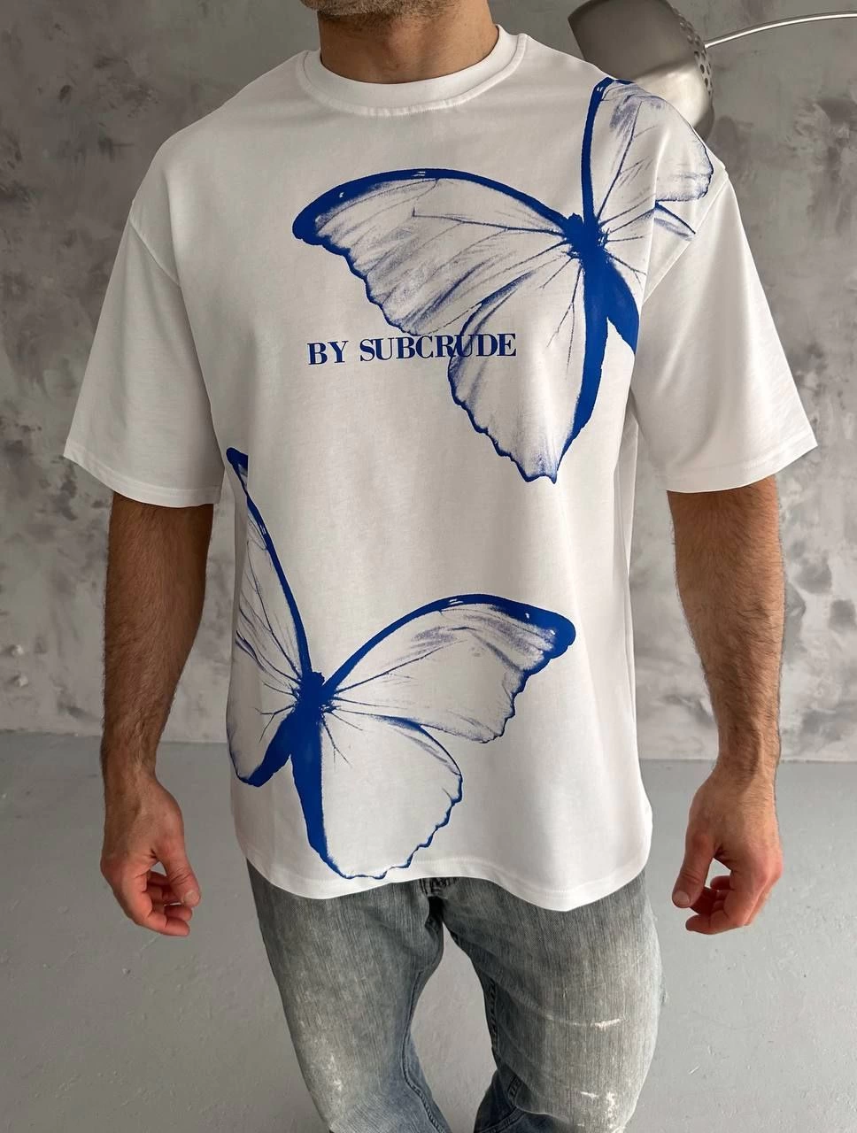 Erkek  Bisiklet Yaka Baskılı Oversize T-Shirt - Beyaz