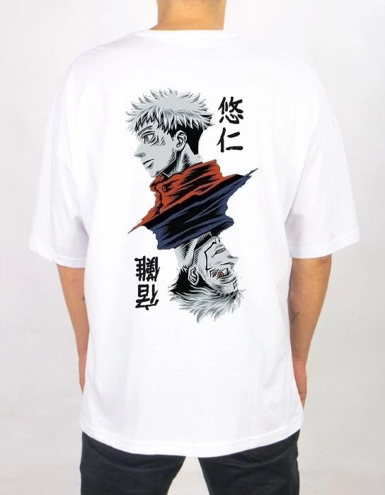 ERKEK Bisiklet Yaka Baskılı Oversize T-Shirt - Beyaz