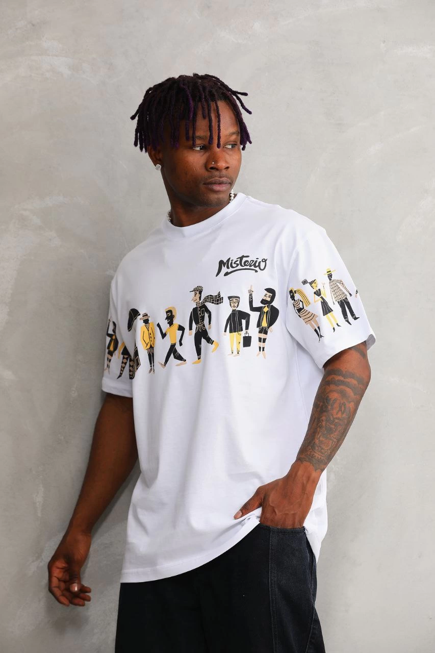Erkek  Bisiklet Yaka Baskılı Oversize T-Shirt - Beyaz