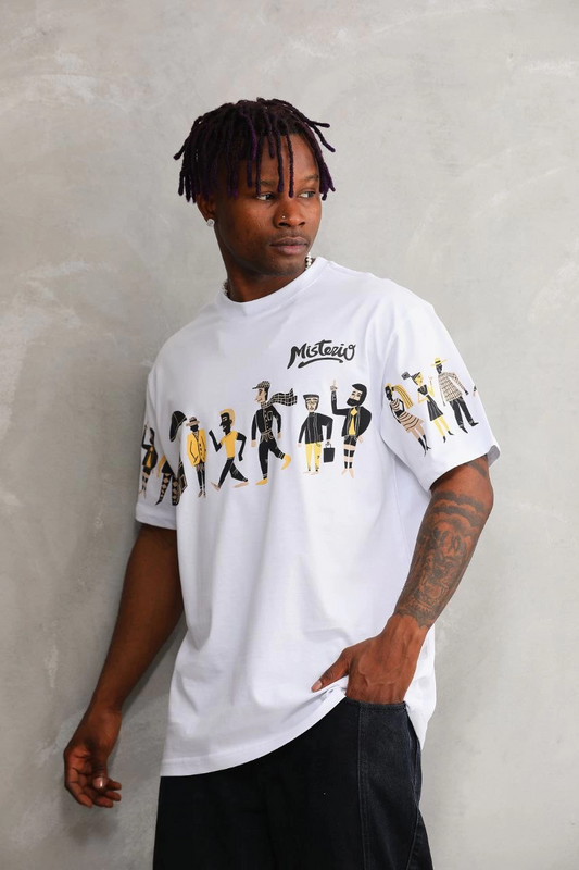 Erkek  Bisiklet Yaka Baskılı Oversize T-Shirt - Beyaz