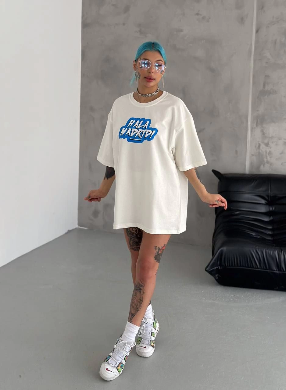 kadın Bisiklet Yaka Baskılı Oversize T-Shirt - Beyaz