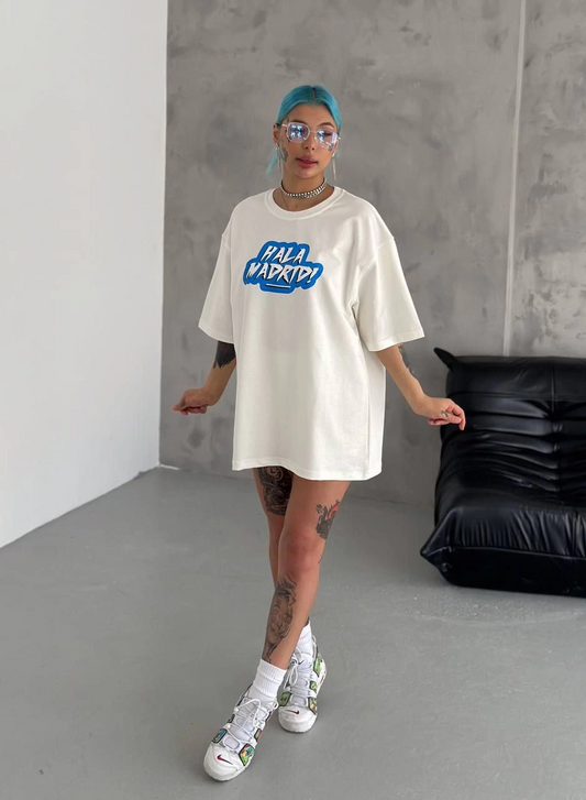 kadın Bisiklet Yaka Baskılı Oversize T-Shirt - Beyaz