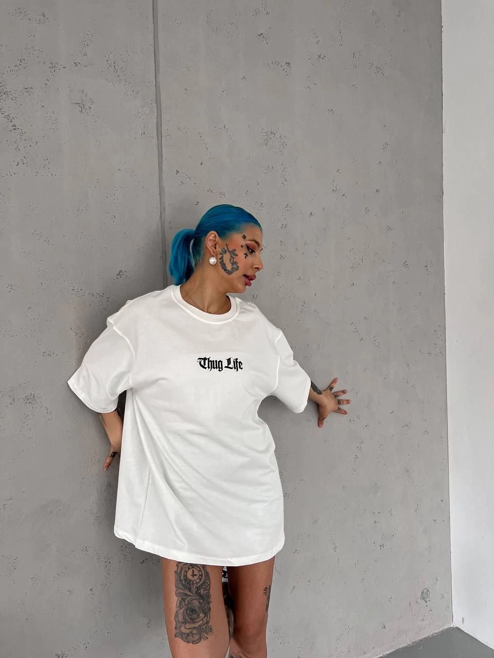 kadın  Bisiklet Yaka Baskılı Oversize T-Shirt - Beyaz