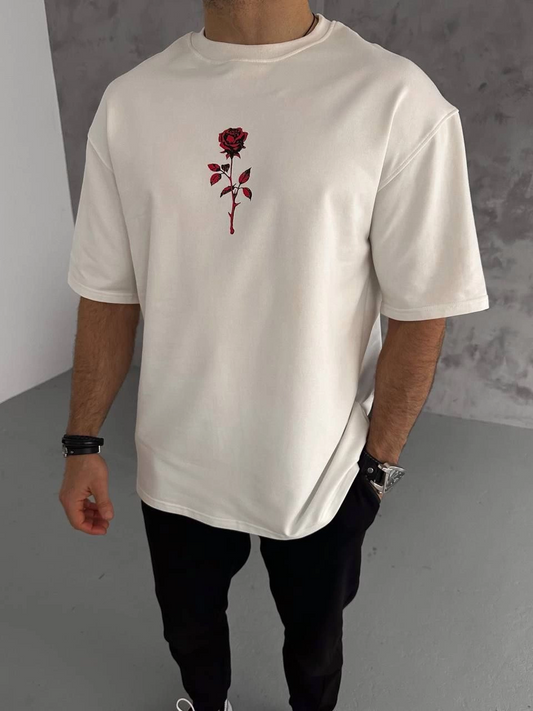 ERKEK Bisiklet Yaka Baskılı Oversize Kısa kol  T-Shirt - Beyaz