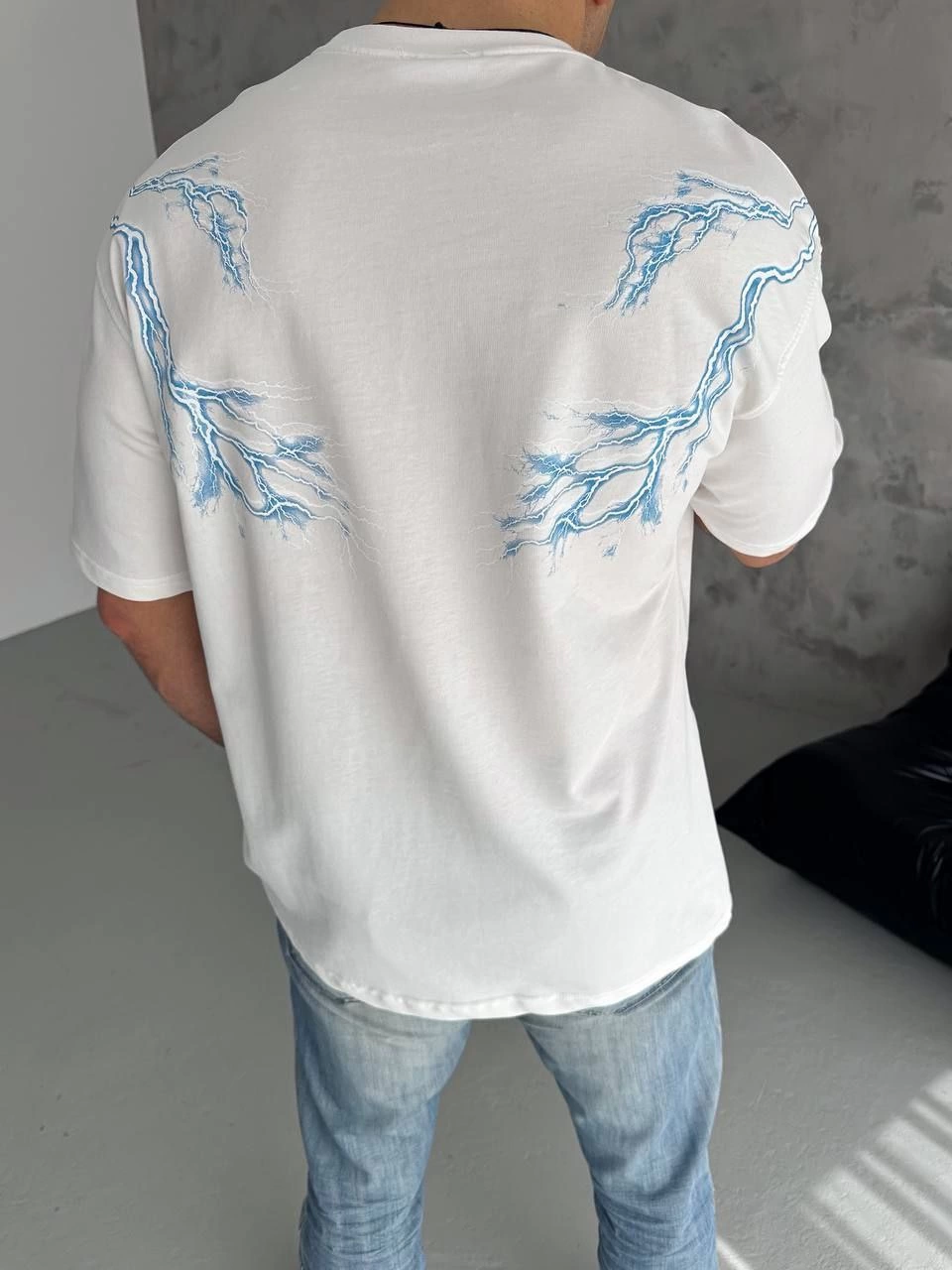 Erkek Yıldırım Şimşek Baskılı T-Shirt Kısa Kol Bisiklet Yaka Tişört - Beyaz