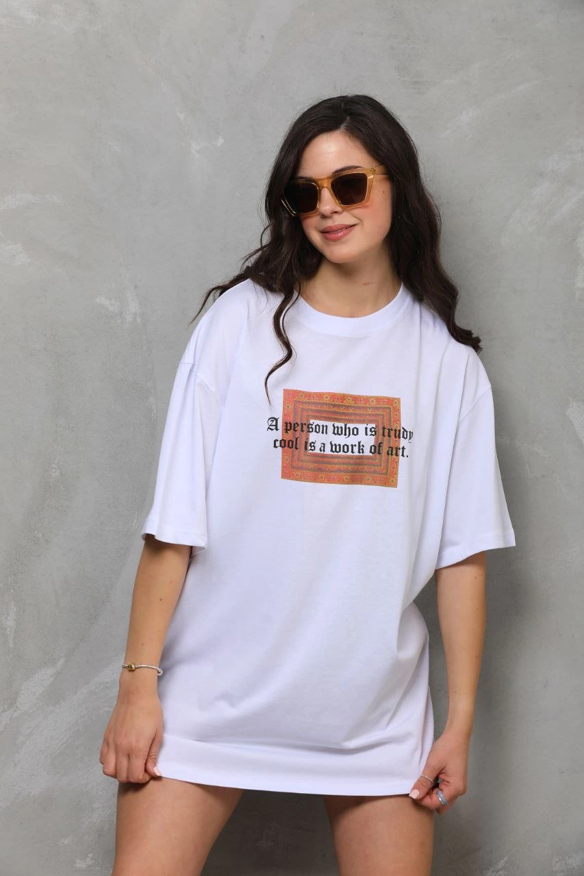 Kadın Baskılı T-Shirt Kısa Kol Bisiklet Yaka Ovarsize Rahat Kalıp Tişört -  Beyaz