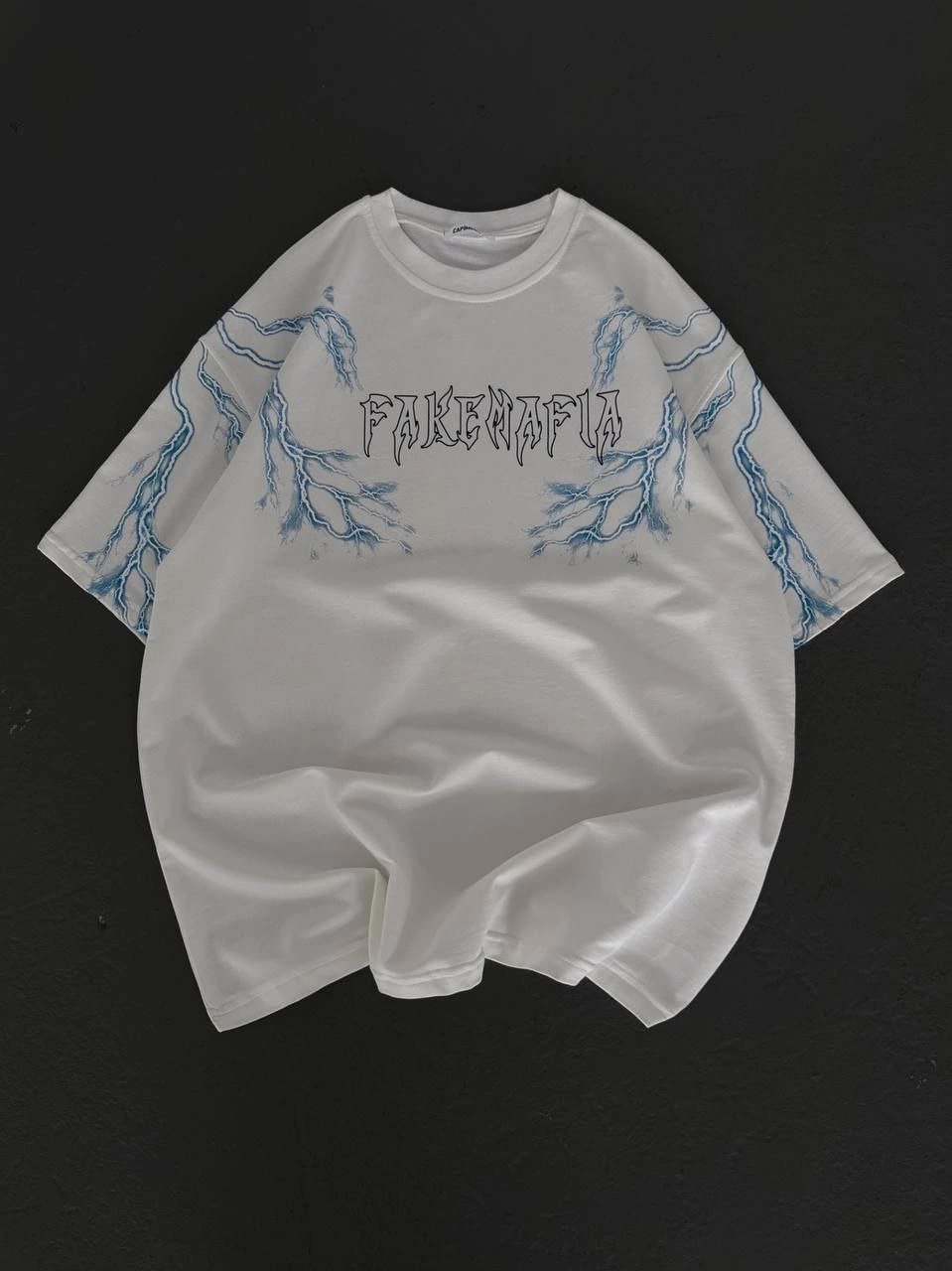 Erkek Yıldırım Şimşek Baskılı T-Shirt Kısa Kol Bisiklet Yaka Tişört - Beyaz