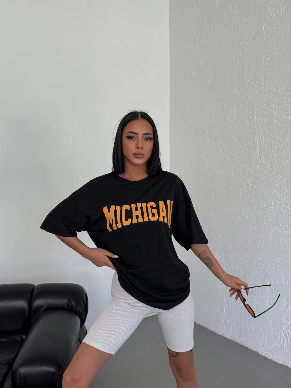 Kadın Baskılı T-Shirt Kısa Kol Bisiklet Yaka  Ovarsize Rahat Kalıp Günlük Tişört  - Siyah