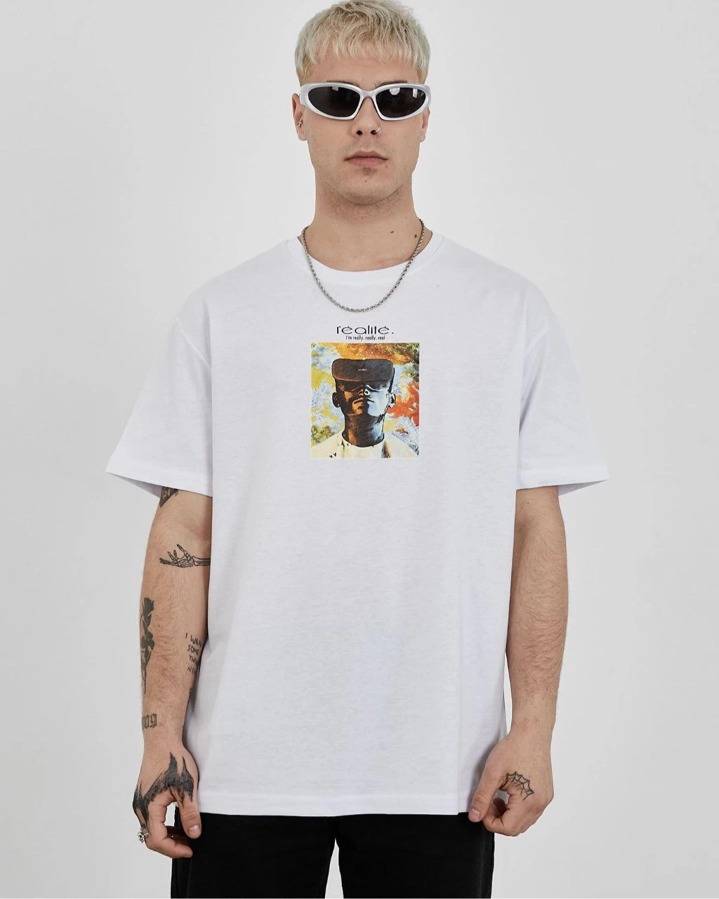 Erkek Bisiklet Yaka Baskılı Oversize Kısa kol T-Shirt - Beyaz