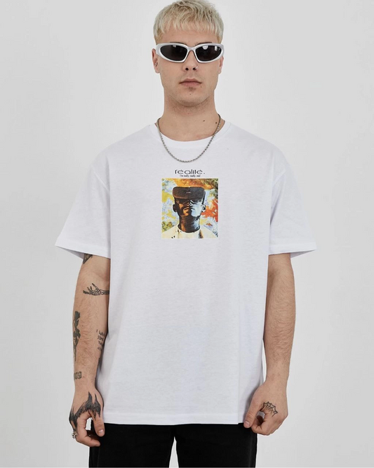 Erkek Bisiklet Yaka Baskılı Oversize Kısa kol T-Shirt - Beyaz