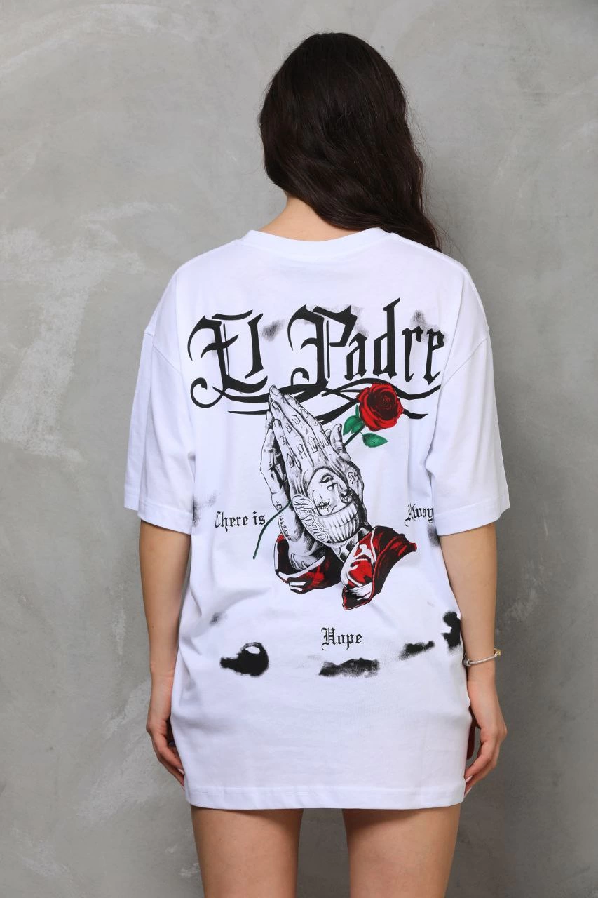 Kadın Baskılı T-Shirt Kısa Kol Bisiklet Yaka  Ovarsize Rahat Kalıp Günlük Tişört  - Beyaz