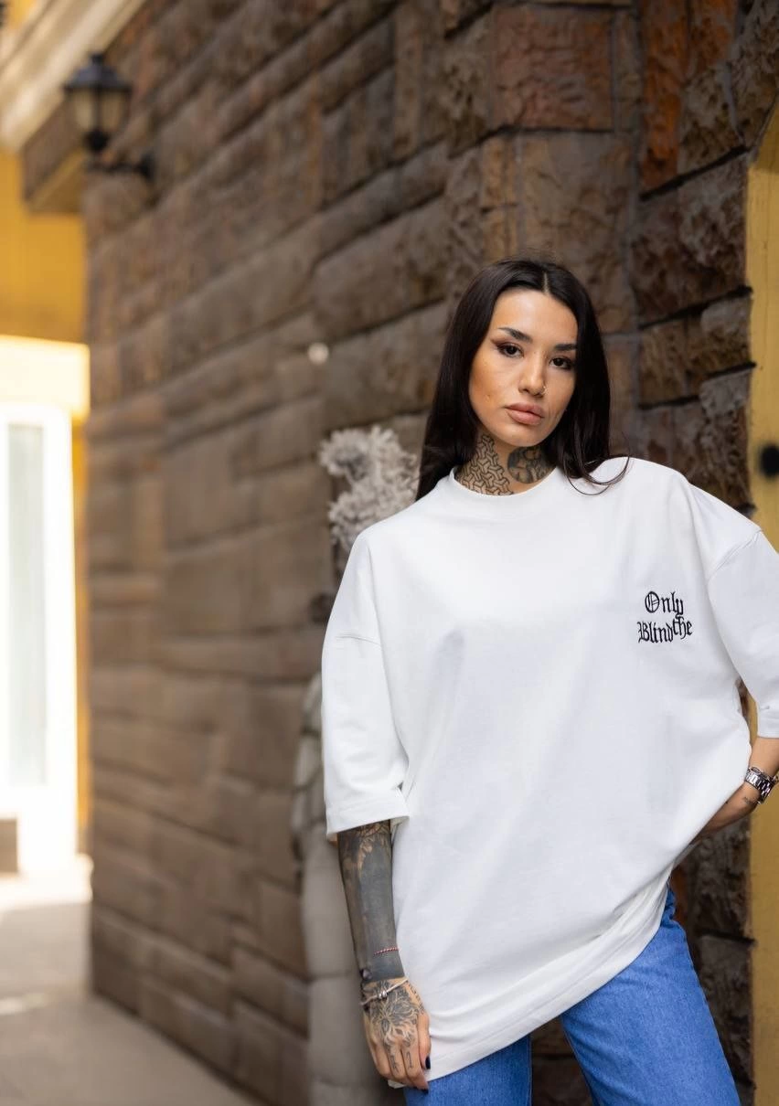 kadın Bisiklet Yaka Baskılı  Kısa kol Oversize T-Shirt - Beyaz