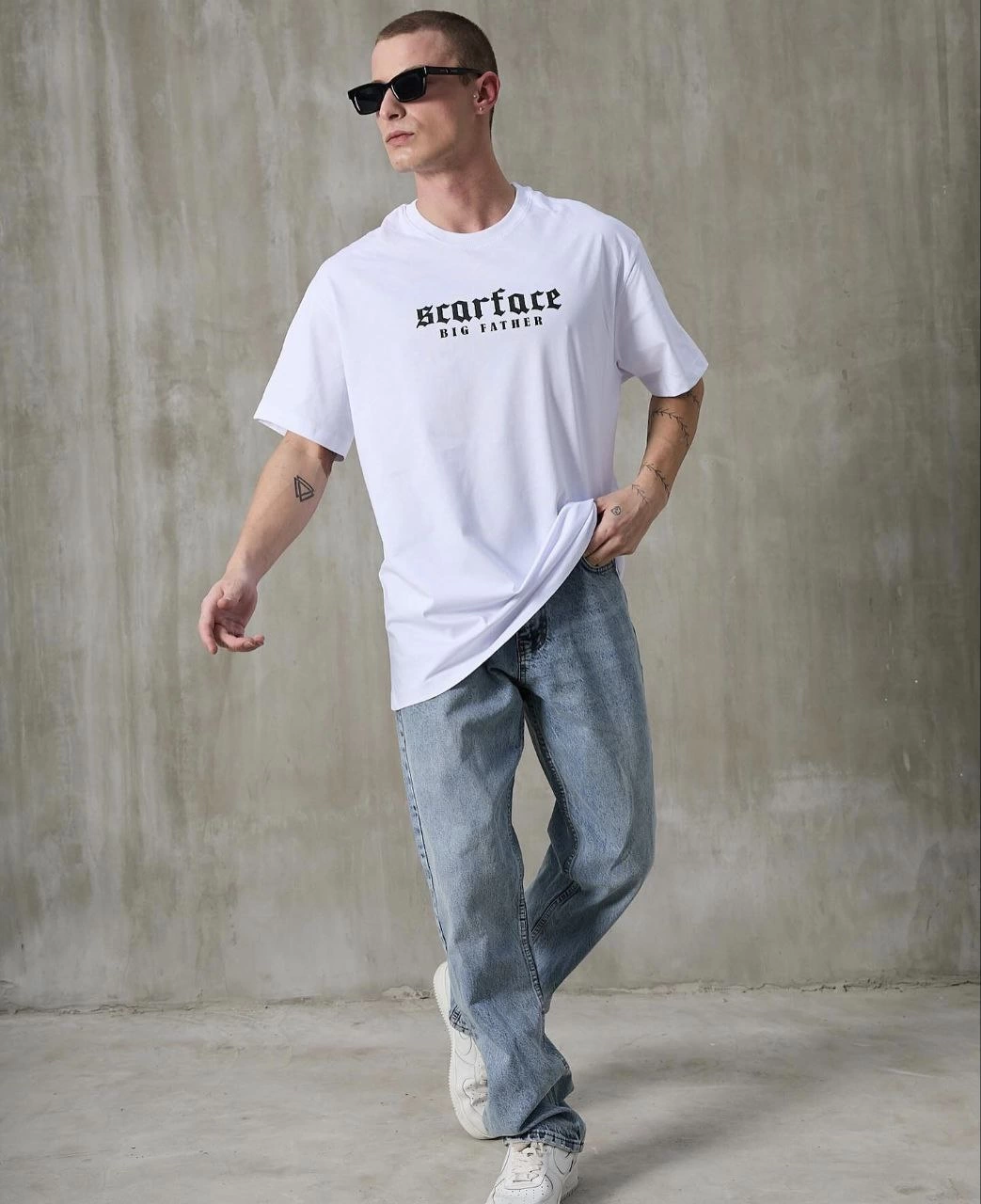 ERKEK Bisiklet Yaka Baskılı Oversize T-Shirt - Beyaz