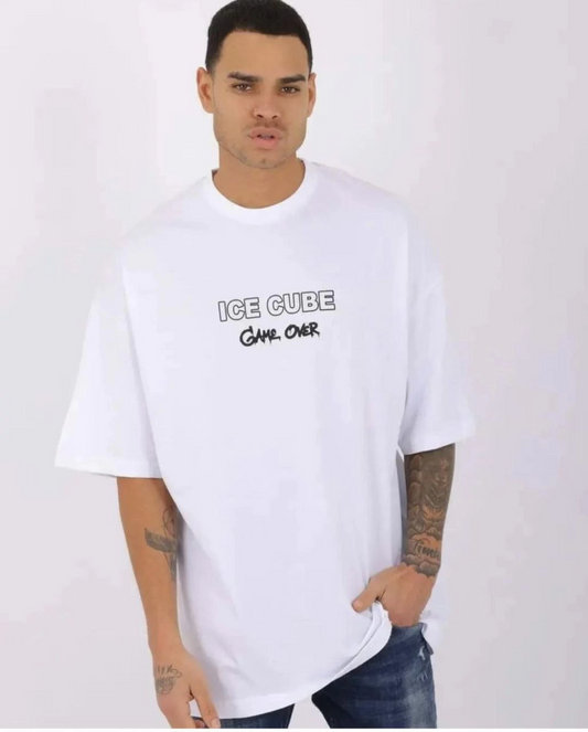 Erkek Bisiklet Yaka Baskılı Oversize Kısa kol T-Shirt - Beyaz