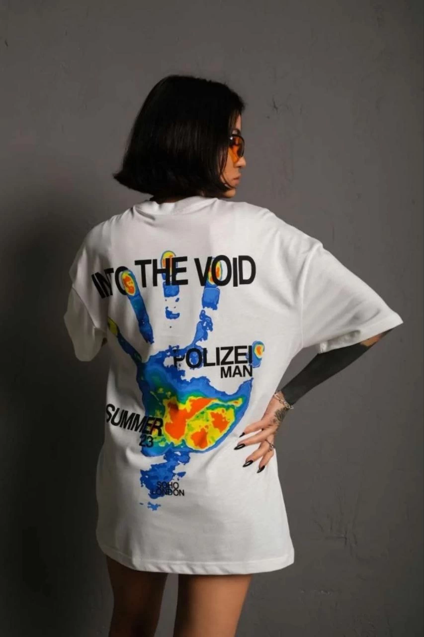 kadın Bisiklet Yaka Baskılı Oversize Kısa kol  T-Shirt - Beyaz