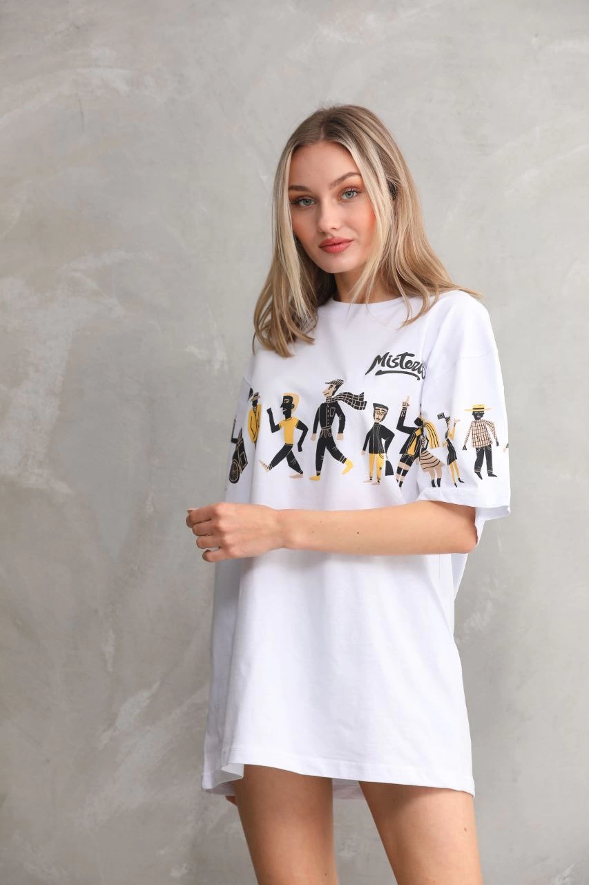kadın  Bisiklet Yaka Baskılı Oversize T-Shirt - Beyaz