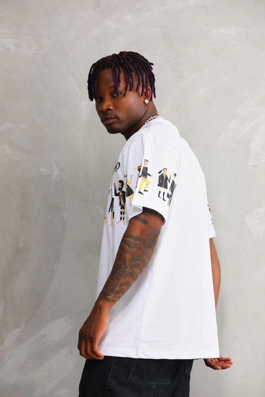 Erkek  Bisiklet Yaka Baskılı Oversize T-Shirt - Beyaz