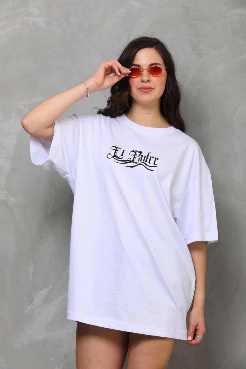 Kadın Baskılı T-Shirt Kısa Kol Bisiklet Yaka  Ovarsize Rahat Kalıp Günlük Tişört  - Beyaz