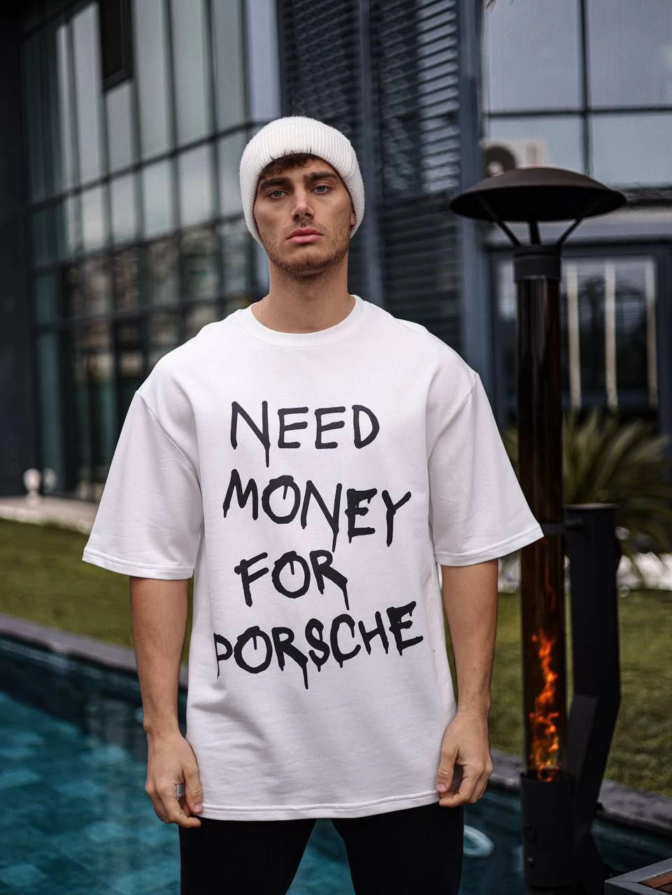 ERKEK Bisiklet Yaka Baskılı Kısa kol Oversize T-Shirt - Beyaz