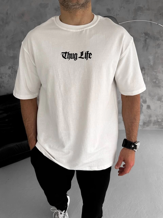 Erkek Bisiklet Yaka Baskılı Oversize Kısa kol  T-Shirt - Beyaz
