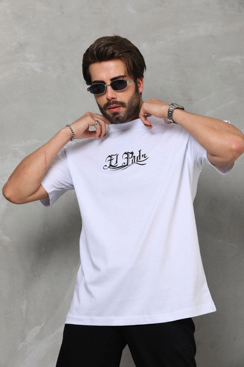 Erkek Bisiklet Yaka Baskılı Oversize T-Shirt - Beyaz