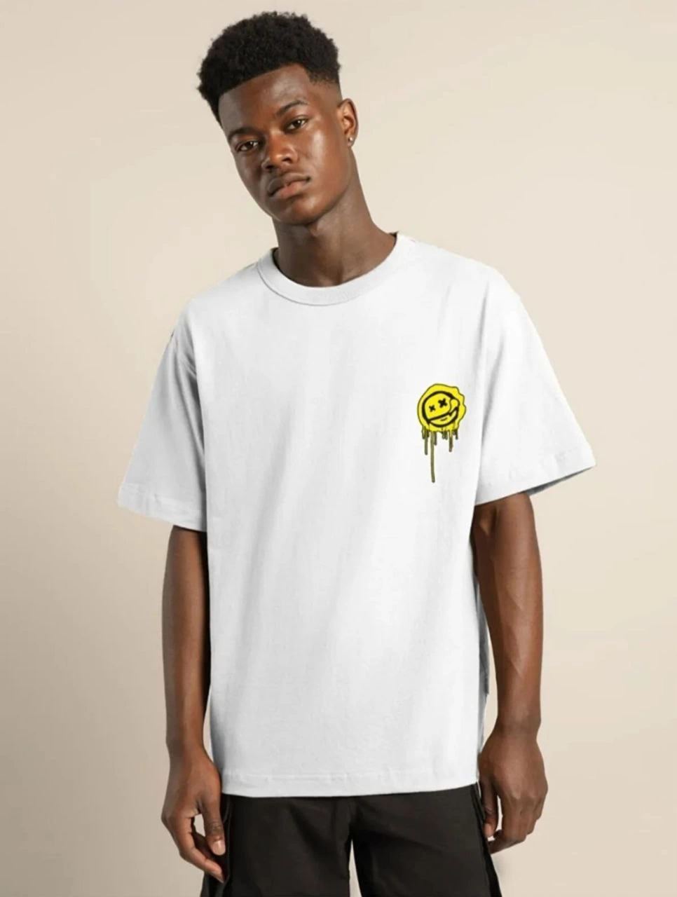 ERKEK Bisiklet Yaka Baskılı Oversize Kısa kol  T-Shirt - Beyaz