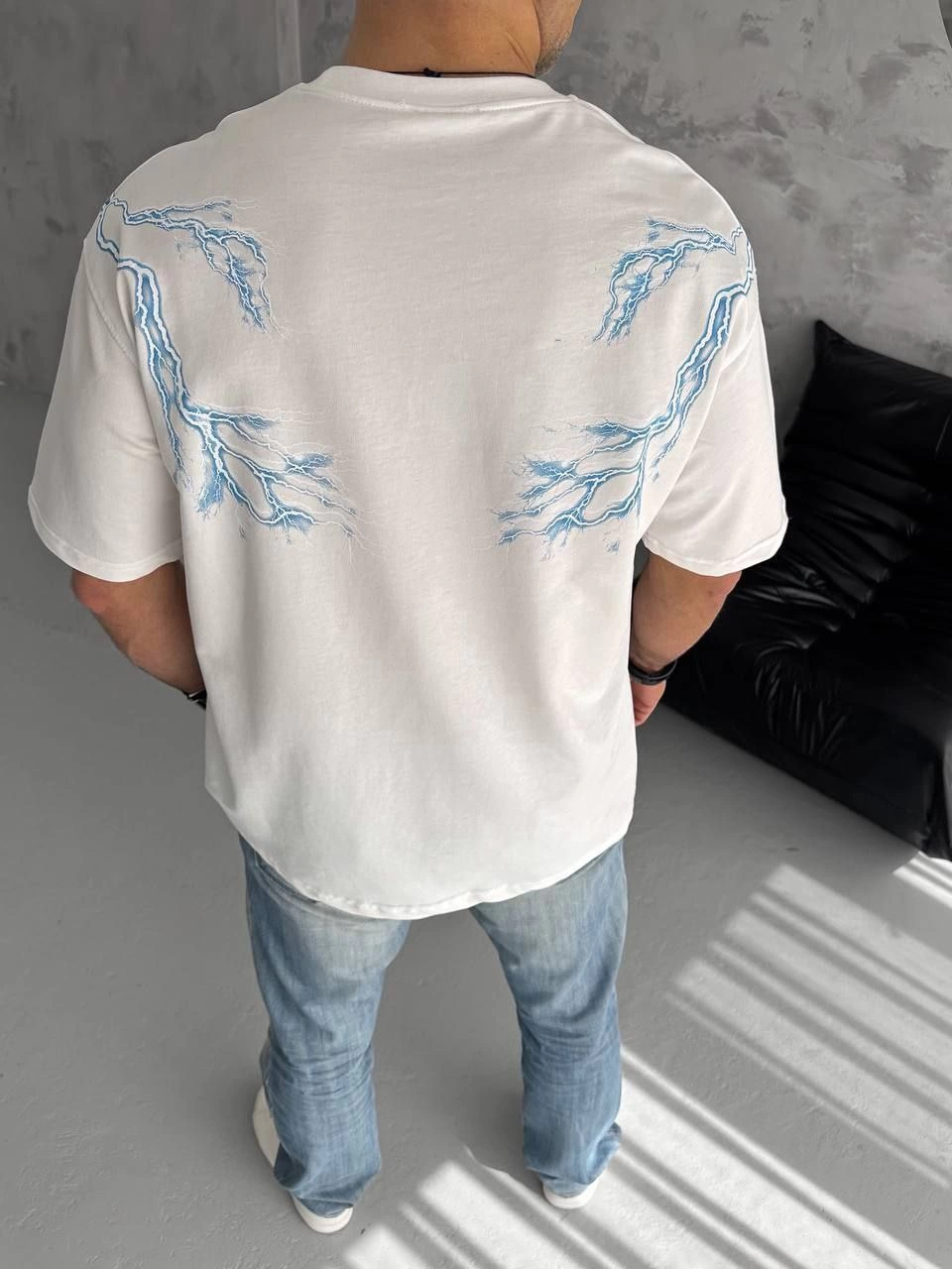 Erkek Yıldırım Şimşek Baskılı T-Shirt Kısa Kol Bisiklet Yaka Tişört - Beyaz