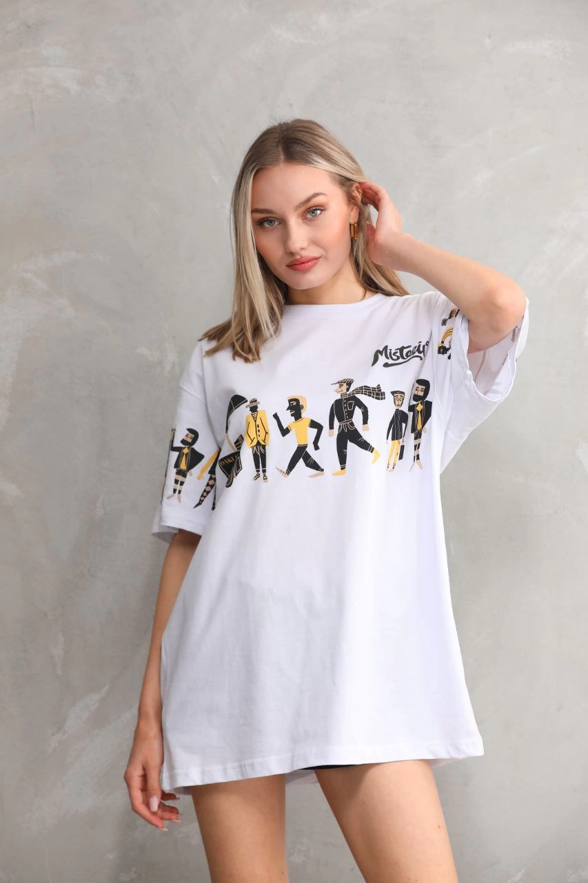 kadın  Bisiklet Yaka Baskılı Oversize T-Shirt - Beyaz