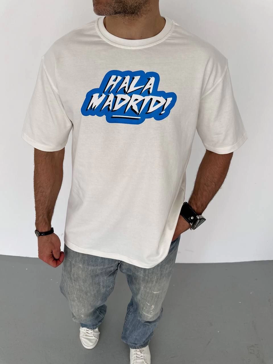 Erkek  Bisiklet Yaka Baskılı Oversize T-Shirt - Beyaz