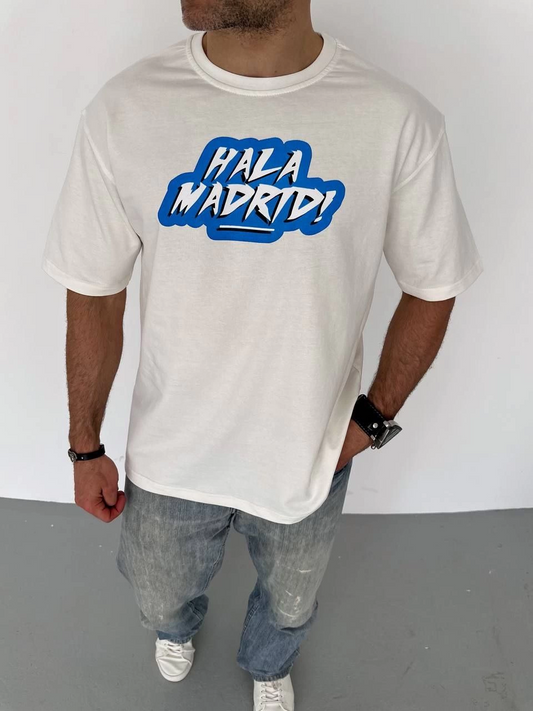 Erkek  Bisiklet Yaka Baskılı Oversize T-Shirt - Beyaz