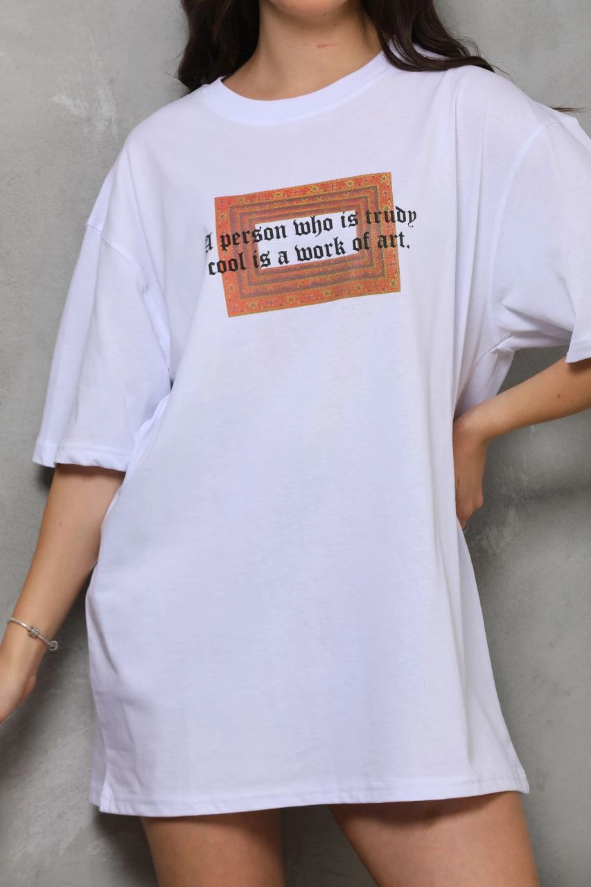 Kadın Baskılı T-Shirt Kısa Kol Bisiklet Yaka Ovarsize Rahat Kalıp Tişört -  Beyaz