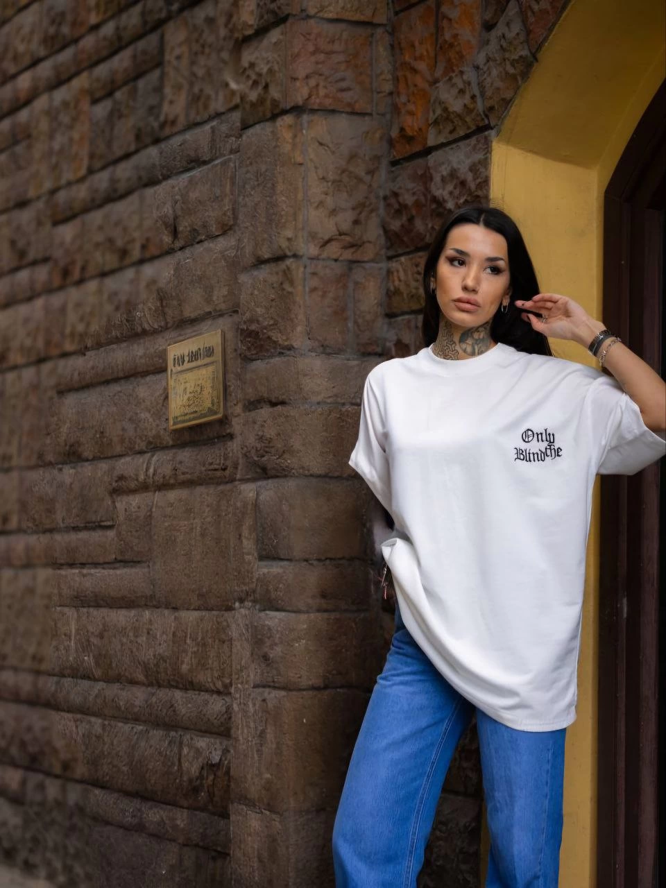 kadın Bisiklet Yaka Baskılı  Kısa kol Oversize T-Shirt - Beyaz