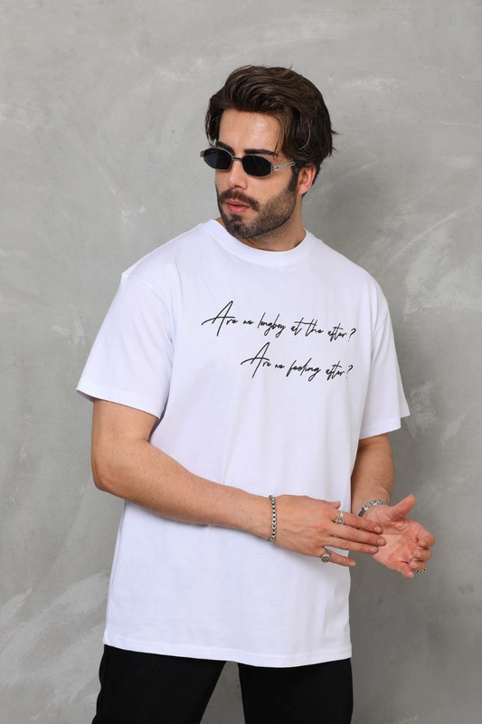 Erkek  Bisiklet Yaka Baskılı Oversize T-Shirt - Beyaz